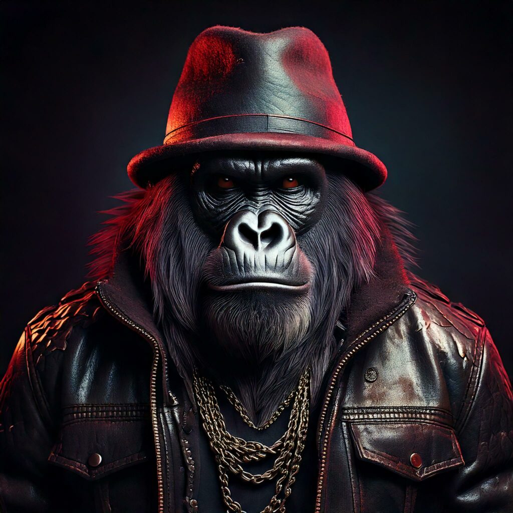 Portrait d’un gorille au style sombre et rebelle, vêtu d’une veste en cuir, de chaînes dorées et d’un chapeau Borsalino, incarnant l’esprit provocateur et mystérieux de Bad Kong.