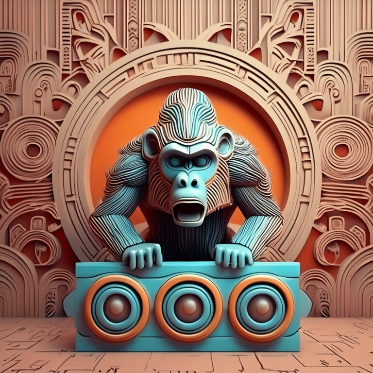 Illustration d’un gorille connecté aux vibrations universelles, posé sur un caisson de basse, symbole de rébellion, de transe et de retour aux sources par la musique.