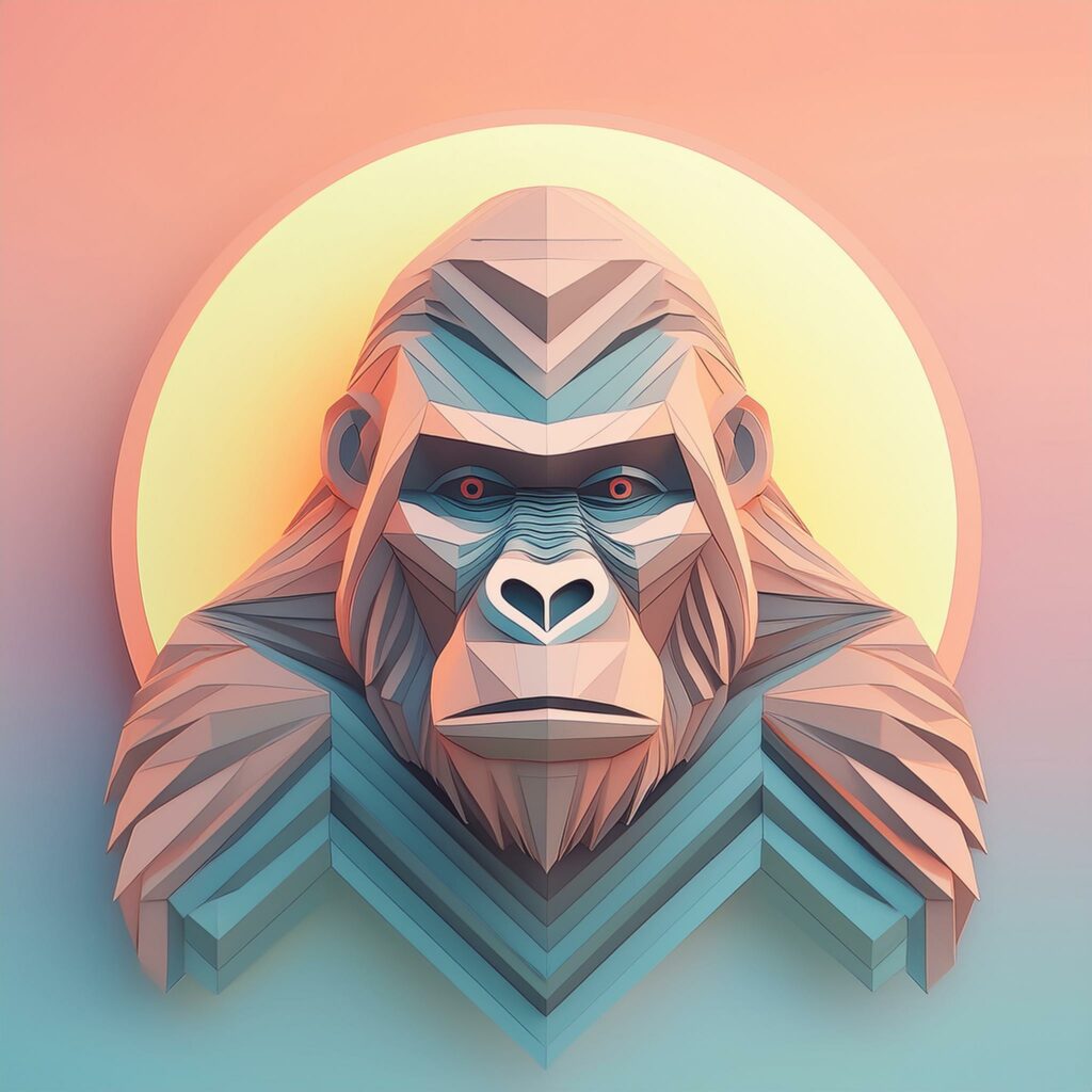 Illustration minimaliste d’un gorille géométrique en pastel, devant une pleine lune, symbolisant la puissance et la résilience de Mountain Kong.